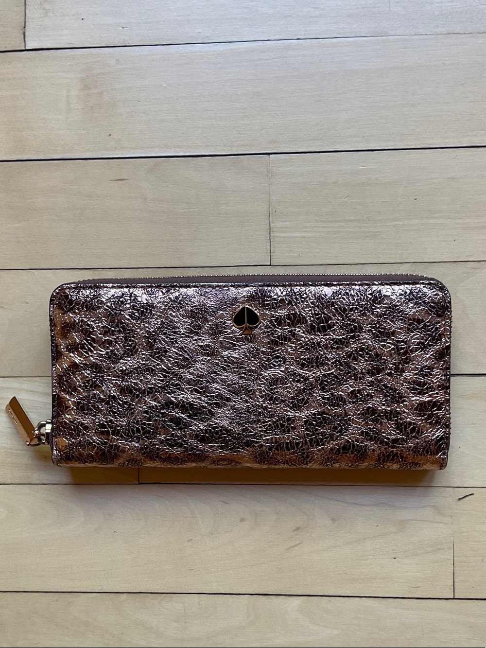 kate spade Metallic Leopard-Textured Zip Wallet - Rose Copper